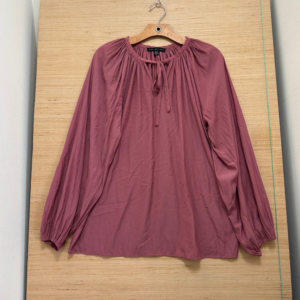 Joan Vass New York Mauve Pink Tie Neck Balloon Sleeve Peasant Blouse Womens M